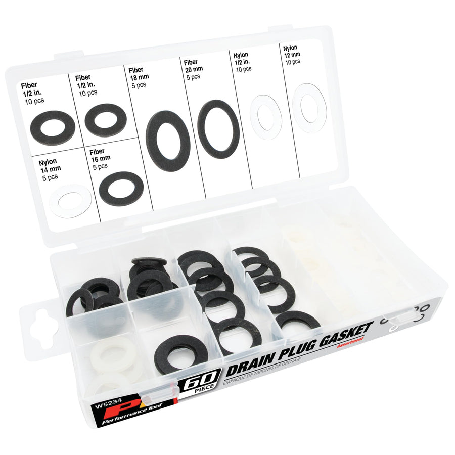 W5234 Performance Tool 60pc General Purpose Oil Drain Plug Gasket Kit - Nylon and Fiber Gaskets Included (1/2in, 12mm, 14mm, 16mm, 18mm, 20mm)