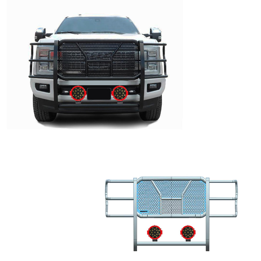 Heavy Duty Black Horse RUGGED Grille Brush Bumper Guard Modular Come With pair of 7.0"LED Lights Compatible with 2017-2022 Ford F-250 Ford F-350/Ford F-450/Ford F-550 Super Duty-RU-FOF217-B-PLR