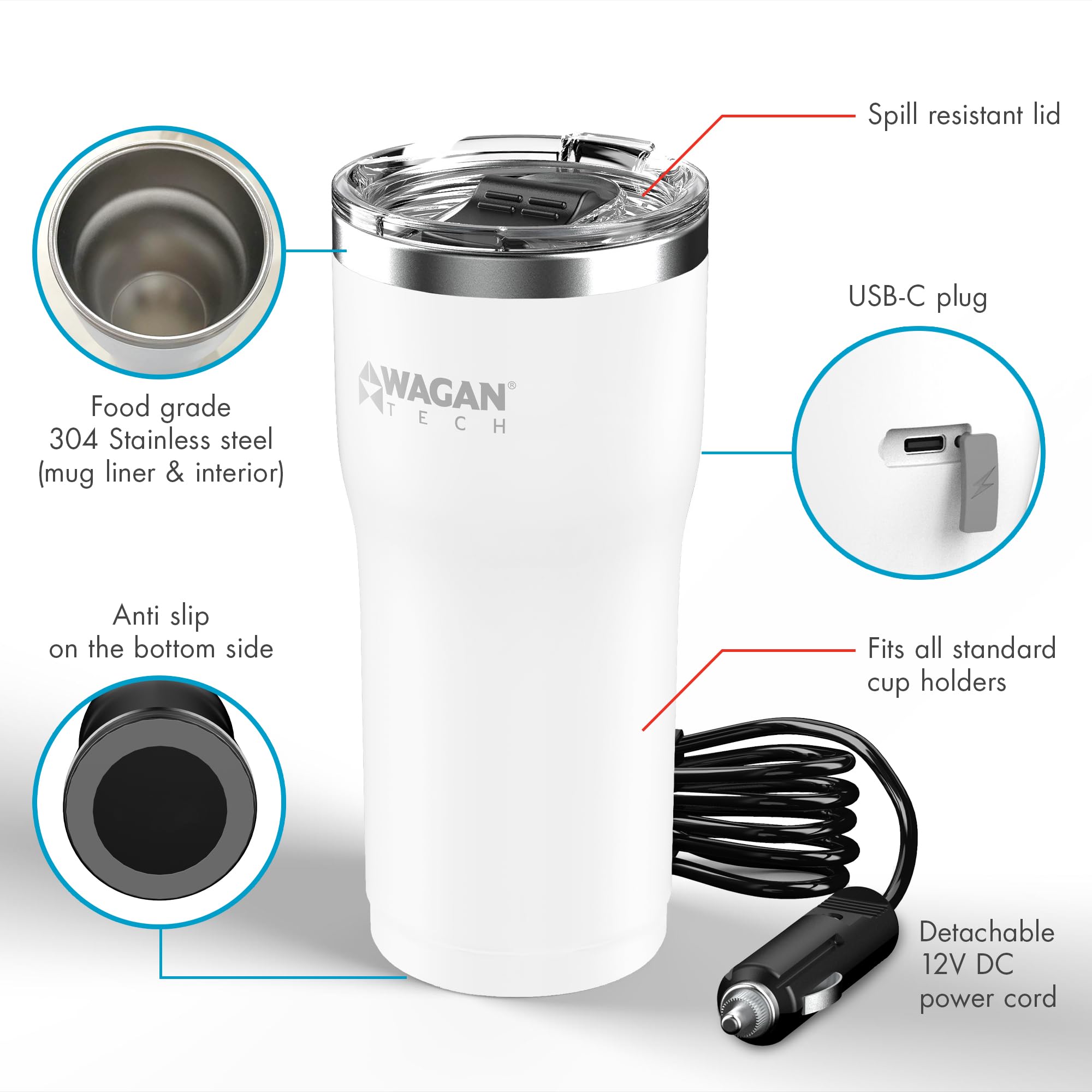 12V Travel Car Wagan EL6102 Heated Mug Portable 16oz Stainless Steel Anti-Spill Lid Slip resistant base Car Coffee Warmer Coffee Cup USB–C PD20W 12V DC (White)