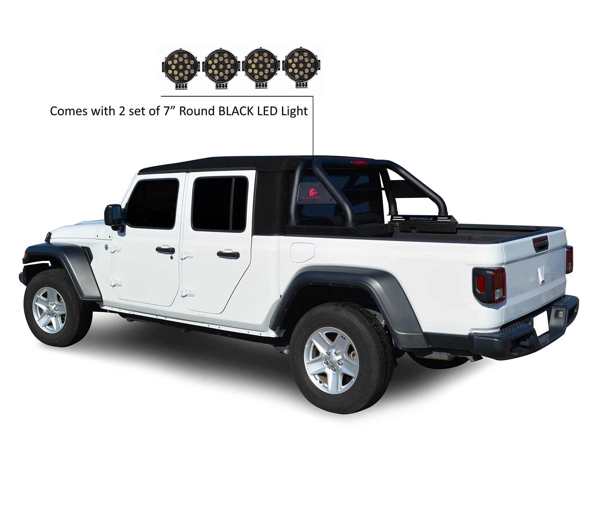 CLASSIC Black Horse Roll Bar incl. pair of 7.0"Dia. LED Lights w/Black Trim Rings Black Compatible with 2020-2024 Jeep Gladiator-RB09BK-PLB