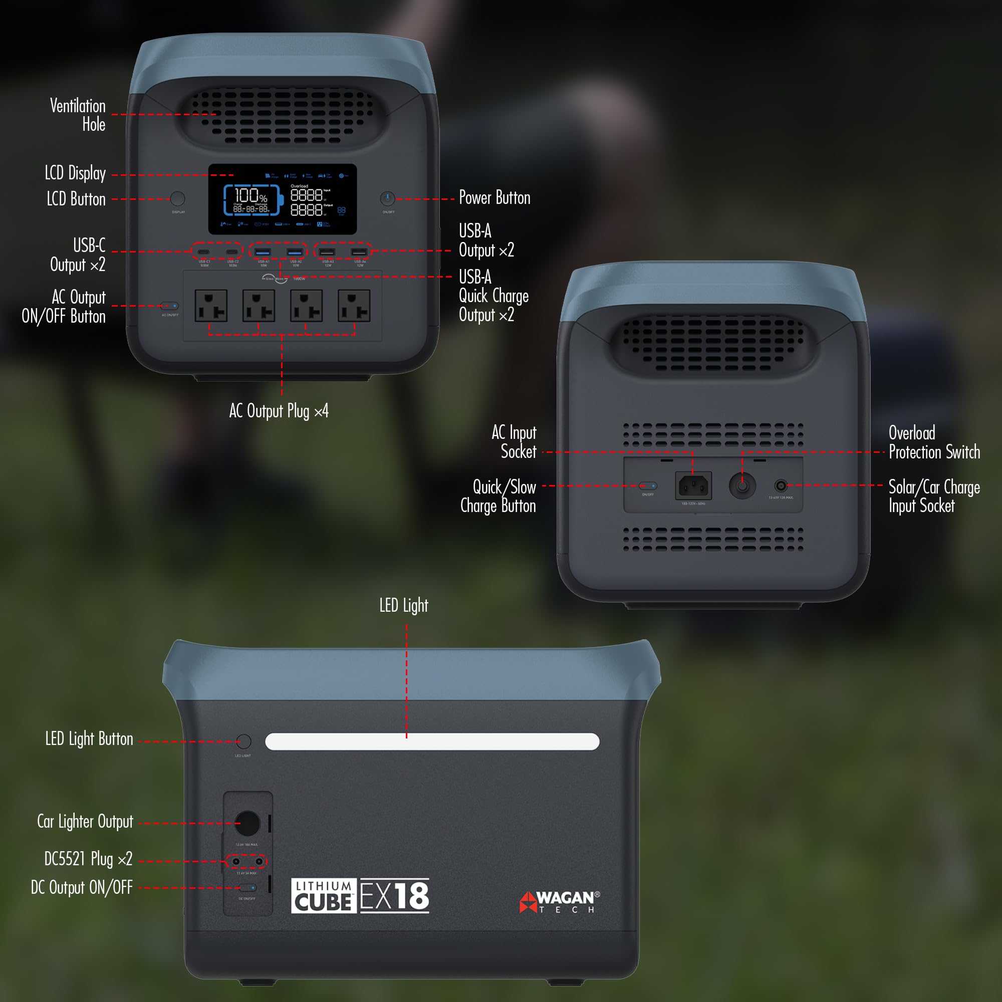 Wagan EL8840 Portable Power Station Lithium Cube EX18 Solar Generator 1229Wh LiFePO4 Battery Fast Charge 1800W 3000W peak AC 100W USB-C for Home Backup, Power Outages, Outdoor Camping, Off-grid