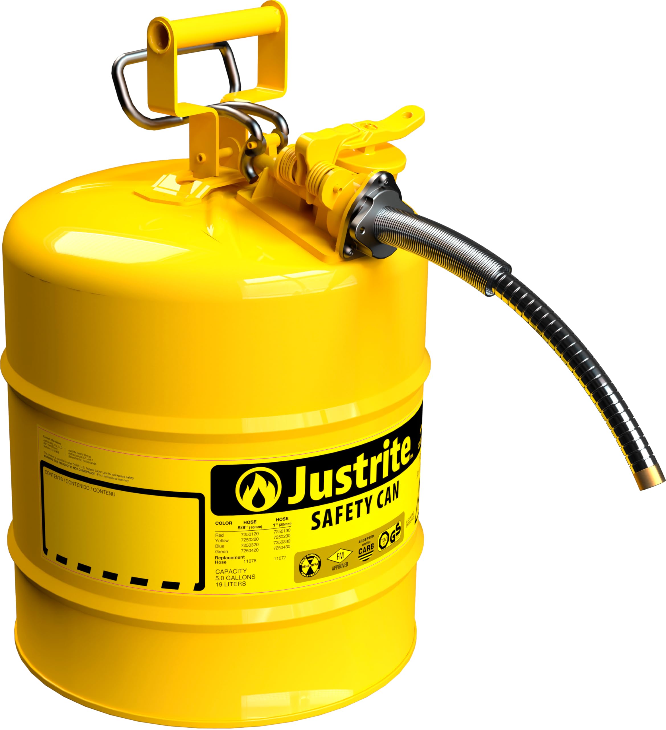 5 Gallon Justrite Type II Yellow Safety Can for Diesel with Flame Arrester, Self-Closing Lid, and 5/8" Flexible Metal Spout, Made in the USA, Galvanized Steel Flammable Storage Can, 7250220