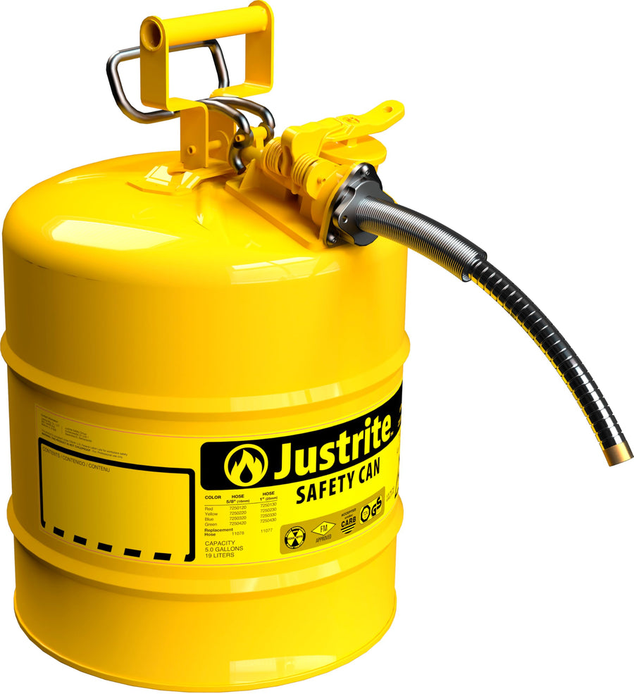 5 Gallon Justrite Type II Yellow Safety Can for Diesel with Flame Arrester, Self-Closing Lid, and 5/8" Flexible Metal Spout, Made in the USA, Galvanized Steel Flammable Storage Can, 7250220