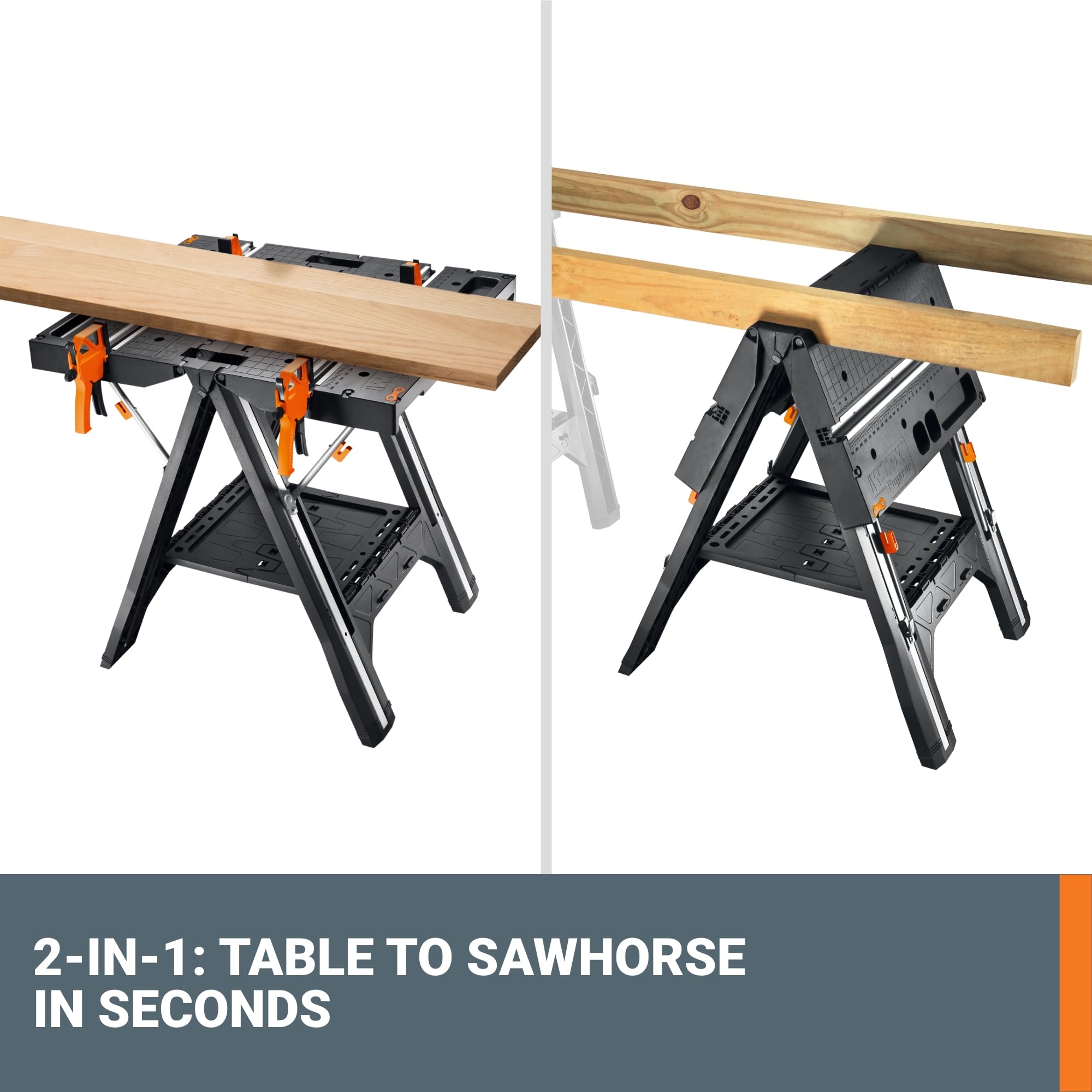 Worx 2-in-1 Pegasus Folding Work Table & Sawhorse, Easy Setup Portable Workbench, 31" W x 25" D x 32" H Lightweight Worktable with Heavy-Duty Load Capacity, WX051 - Includes 2 Clamps & 4 Clamp Dogs