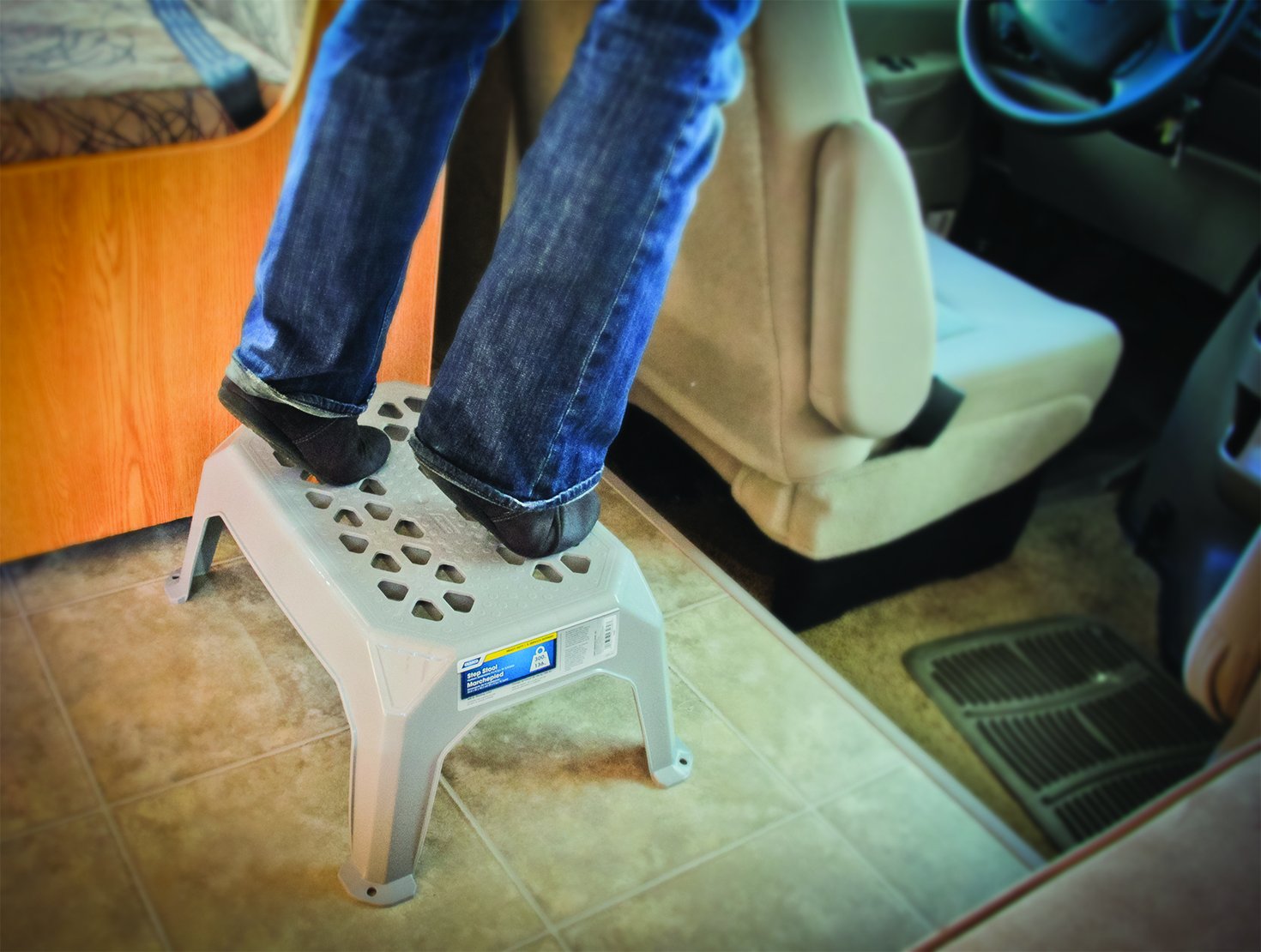 Camco Large Durable Step Stool - Textured Platform Surface to Help Prevent Slipping | Lightweight & Sturdy | Excellent Design for RVs, Trailers, Trucks | 400 lb. Capacity | 23" x 16" x 9 ¼" - Gray (43470)