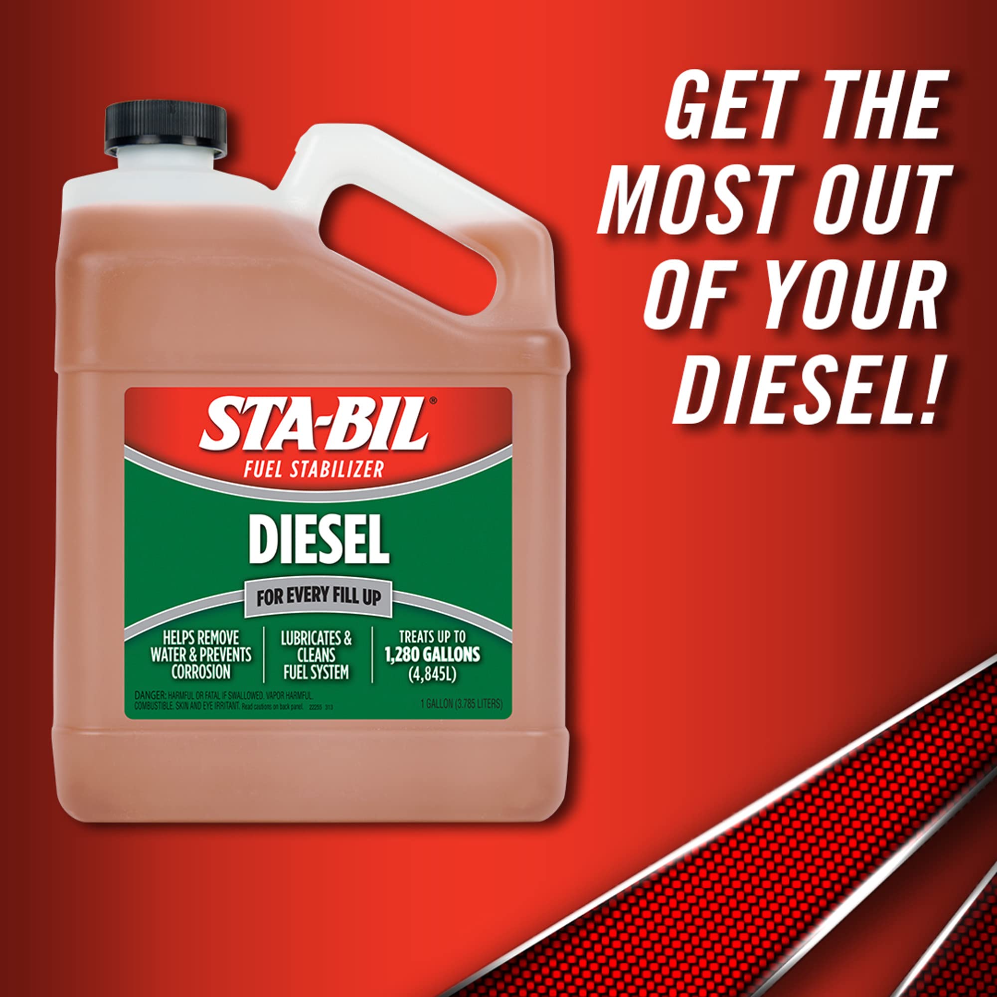 Diesel Fuel Stabilizer STA-BIL (22255) And Performance Improver - Keeps Diesel Fuel Fresh For Up To 12 Months - Lubricates And Cleans The Fuel System - Treats 1,280 Gallons, 1 Gallon, 128 Fl. oz.