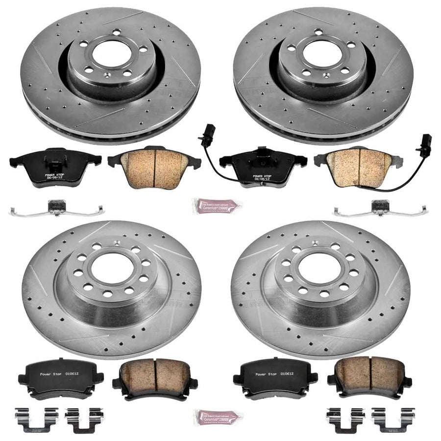 Power Stop K4066 Z23 Carbon Fiber Brake Pads Front and Rear with Drilled & Slotted Brake Rotors Kit For Audi A6 2006-2011, Audi A6 Quattro 2005-2008 [Model Specific]