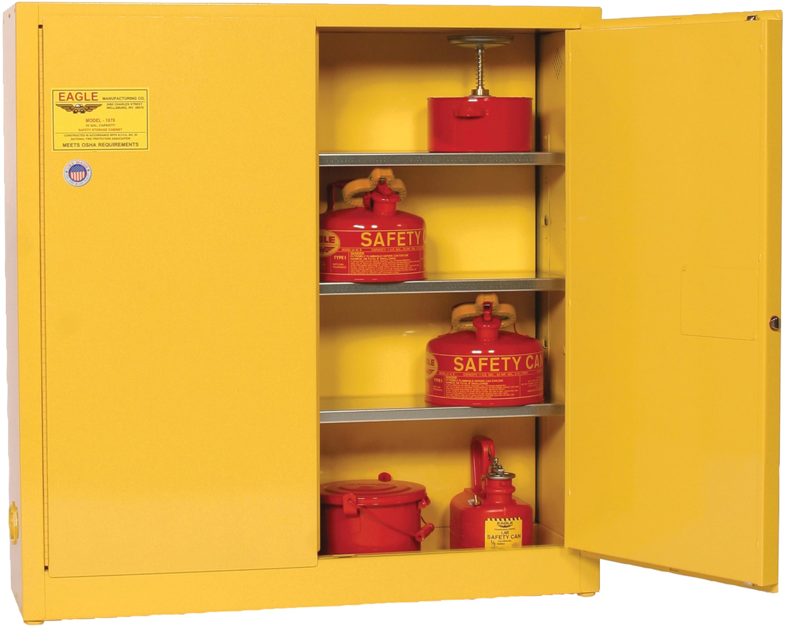24 Gallon Eagle American Made F﻿lammable Liquid Storage Cabinet, Manual-Close Wall Mount Fireproof Cabinet for Schools, Garages, Manufacturing Facilities, 43" x 12" x 44", 1976X