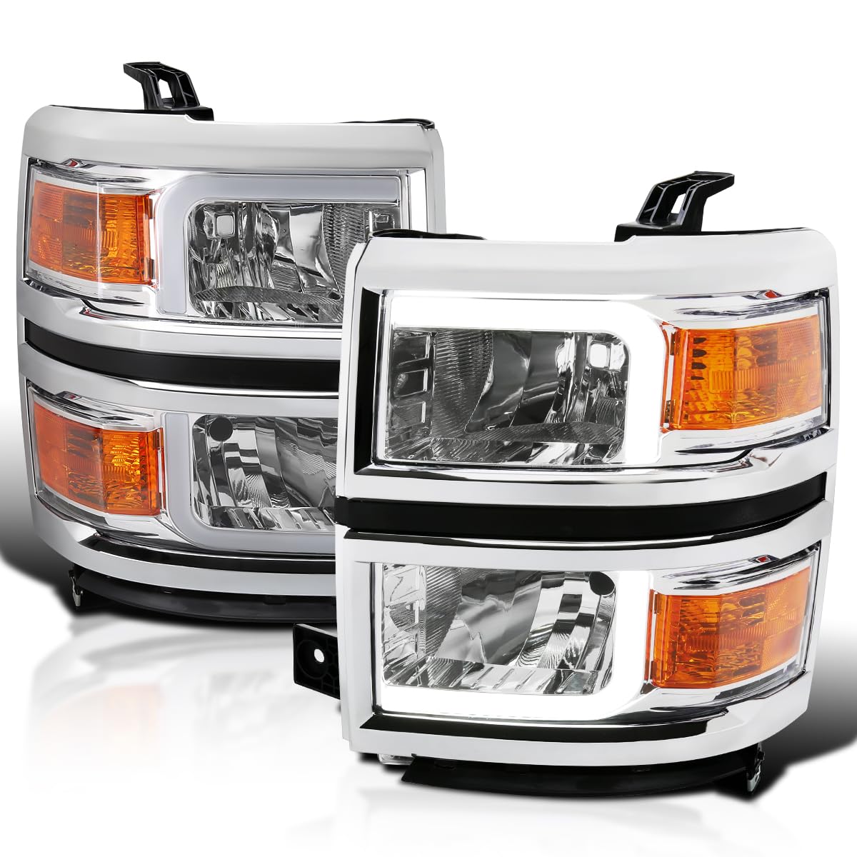 Chrome Headlights SPEC-D TUNING w/LED Light Bar and Silver Trim Compatible with 2014-2015 Chevy Silverado 1500, Left + Right Pair Headlamp Assembly