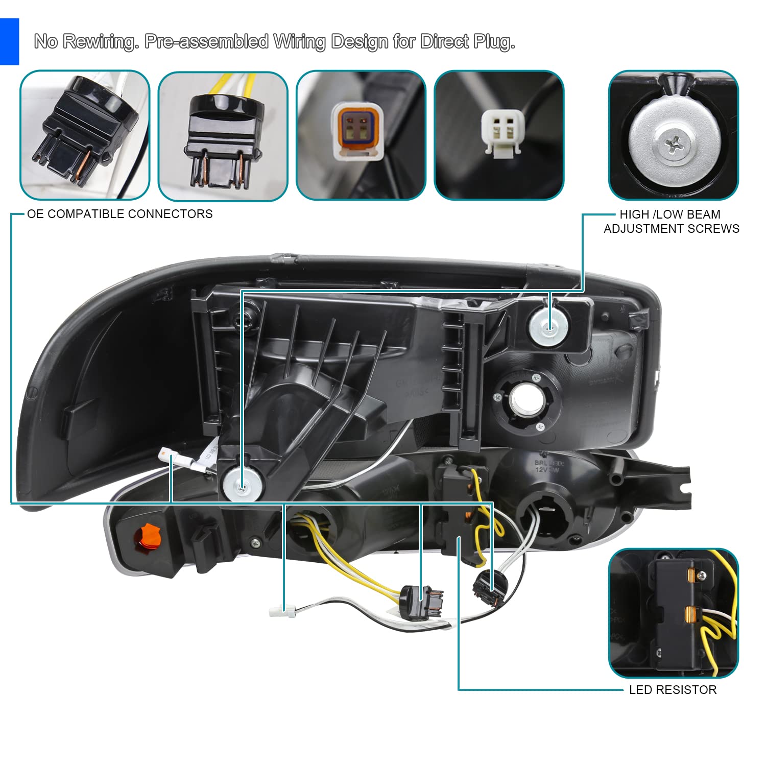 Black LED Tube Headlights + SPEC-D TUNING Sequential Bumper Lights Compatible with 2000-2006 GMC Sierra Denali, Yukon XL Denali