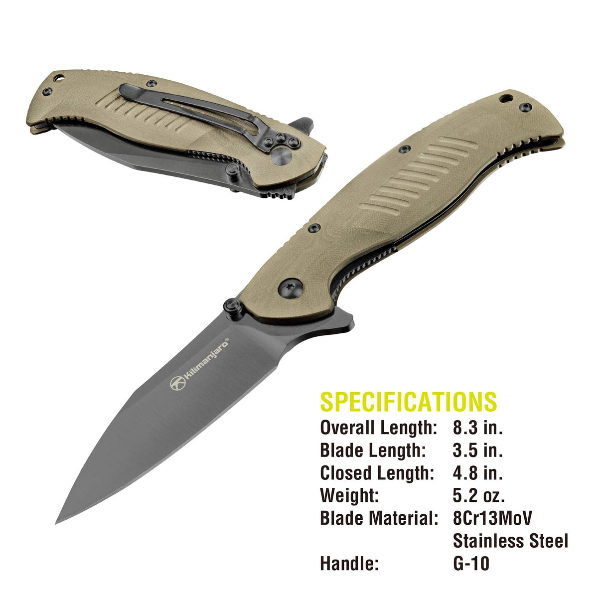 Morsa Kilimanjaro Folding Knife, 3.5-Inch 8Cr13MoV Stainless Steel Blade with Titanium Nitride Coating, G10 Handle, Flipper Opening with Dual Thumb Stud and Liner Lock – 910028