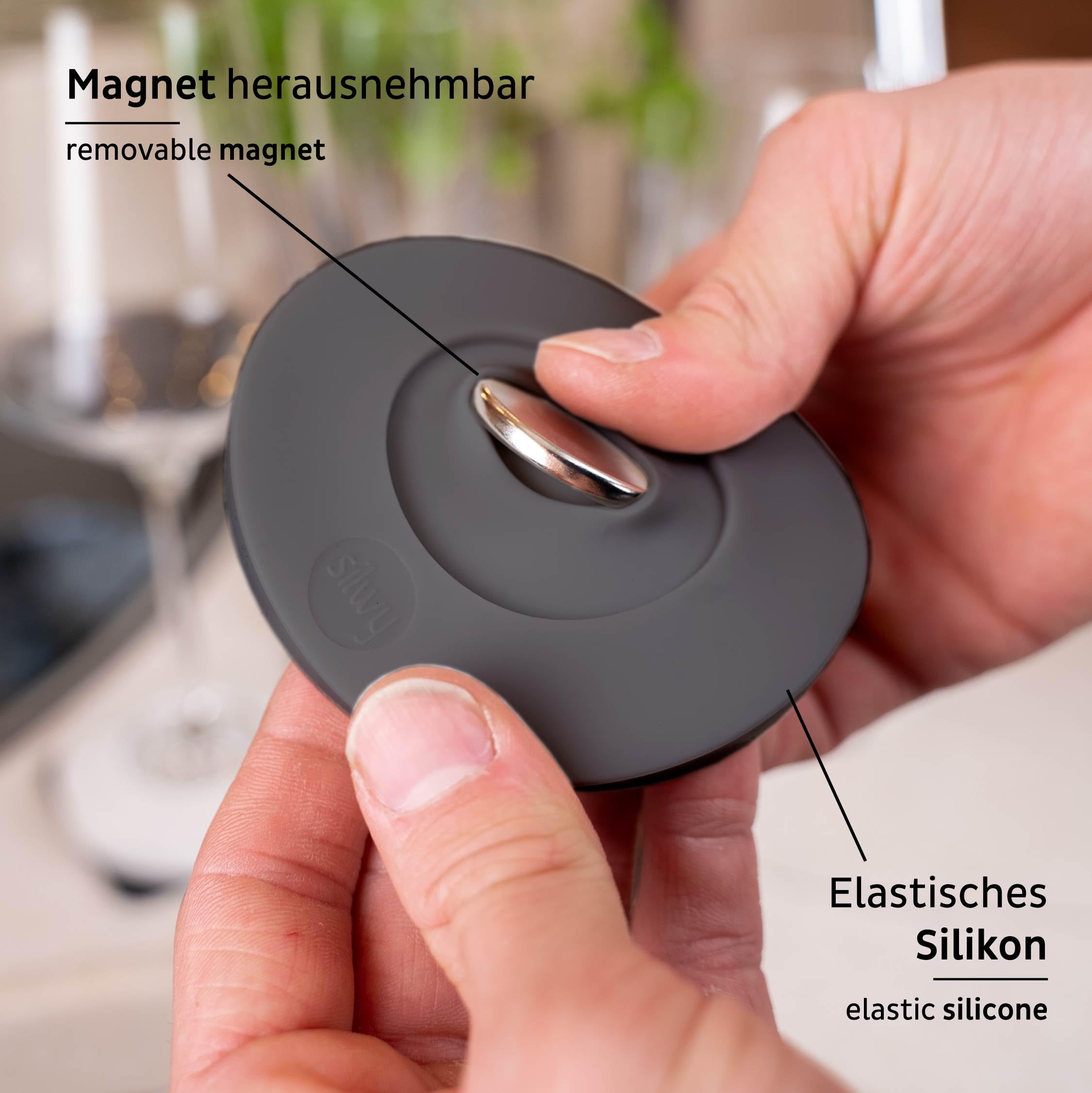 Magnet-Adapter silwy® für bestehende Stielgläser INKL. Metall-Nano-Gel-Pad - für Weingläser, Sektgläser, Pilstulpen - Magnetsystem Zum Nachrüsten, Set aus 1x Magnet-Kondom & 1x Nano-Gel-Pad (Schwarz)