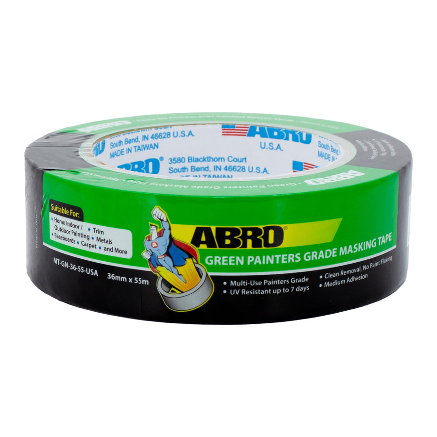 Masking Tape ABRO, 36mm x 55M, All Purpose Green Masking Tape for Temporary Labeling and Marking, Easy Tear, Clean Removal, Painters Tape for DIY and Professional Uses - Green