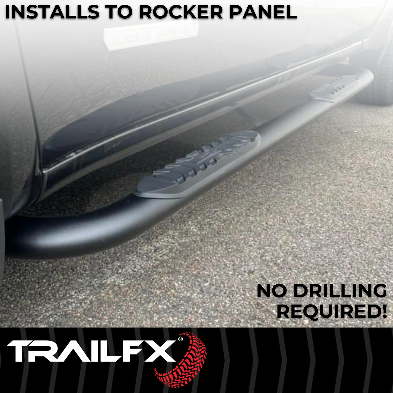 4 Inch TrailFX Oval Bent Nerf Bars with Step Pads Fits 2024–2025 Toyota Tacoma Matte Black Powder-Coated Steel, Welded End Caps Rocker Panel Mount, Bolt On Install A1019T
