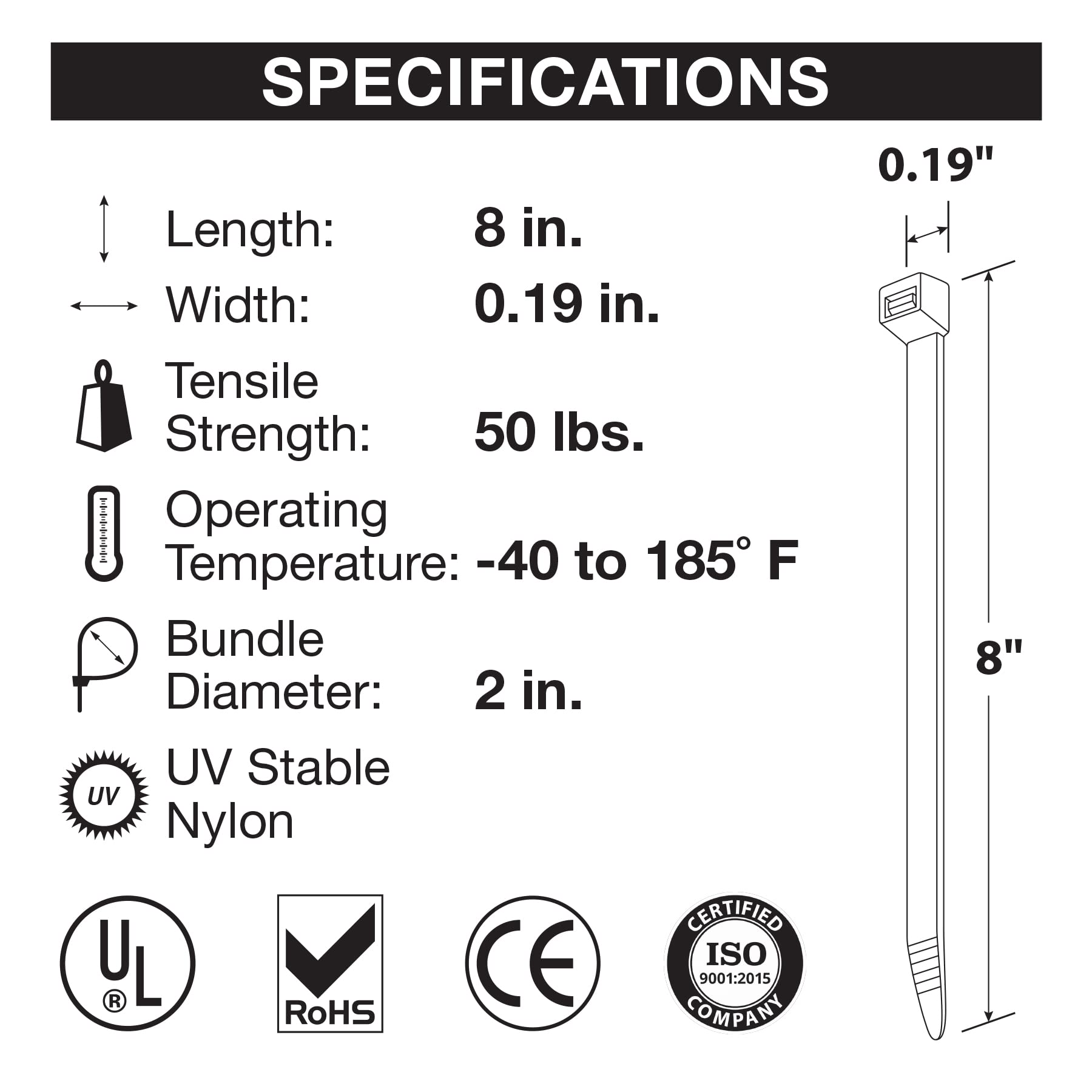 W2940 Performance Tool 8-Inch Black Cable Tie, 50 LBS (500 Pieces)