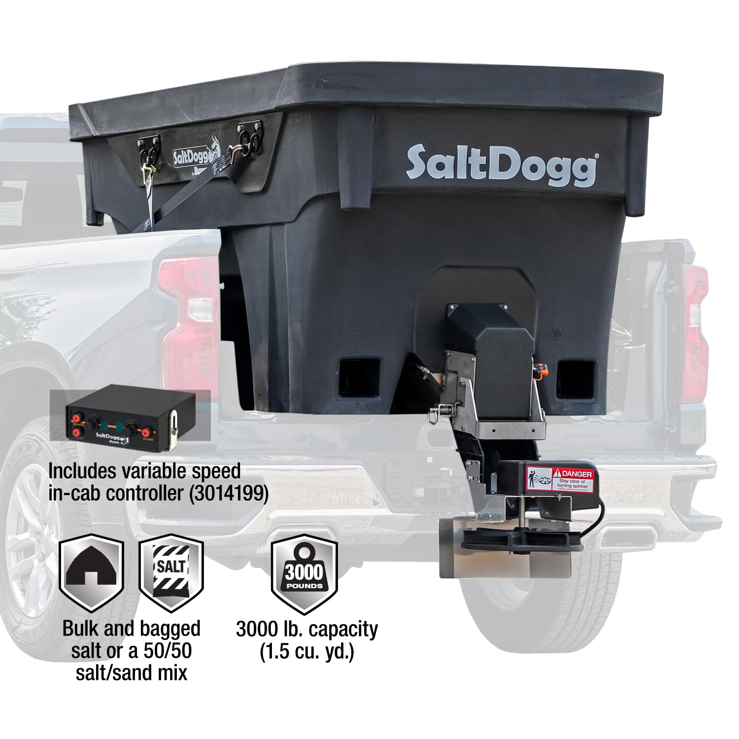 Buyers Products Salt & Sand Spreader SHPE1500 Commercial SaltDogg w/ Electrive Drive Hopper, Made In The USA, 1.5 Cu. Yds. Capacity, Stainless Steel Auger, Medium/Heavy Duty Commercial Salt Spreader