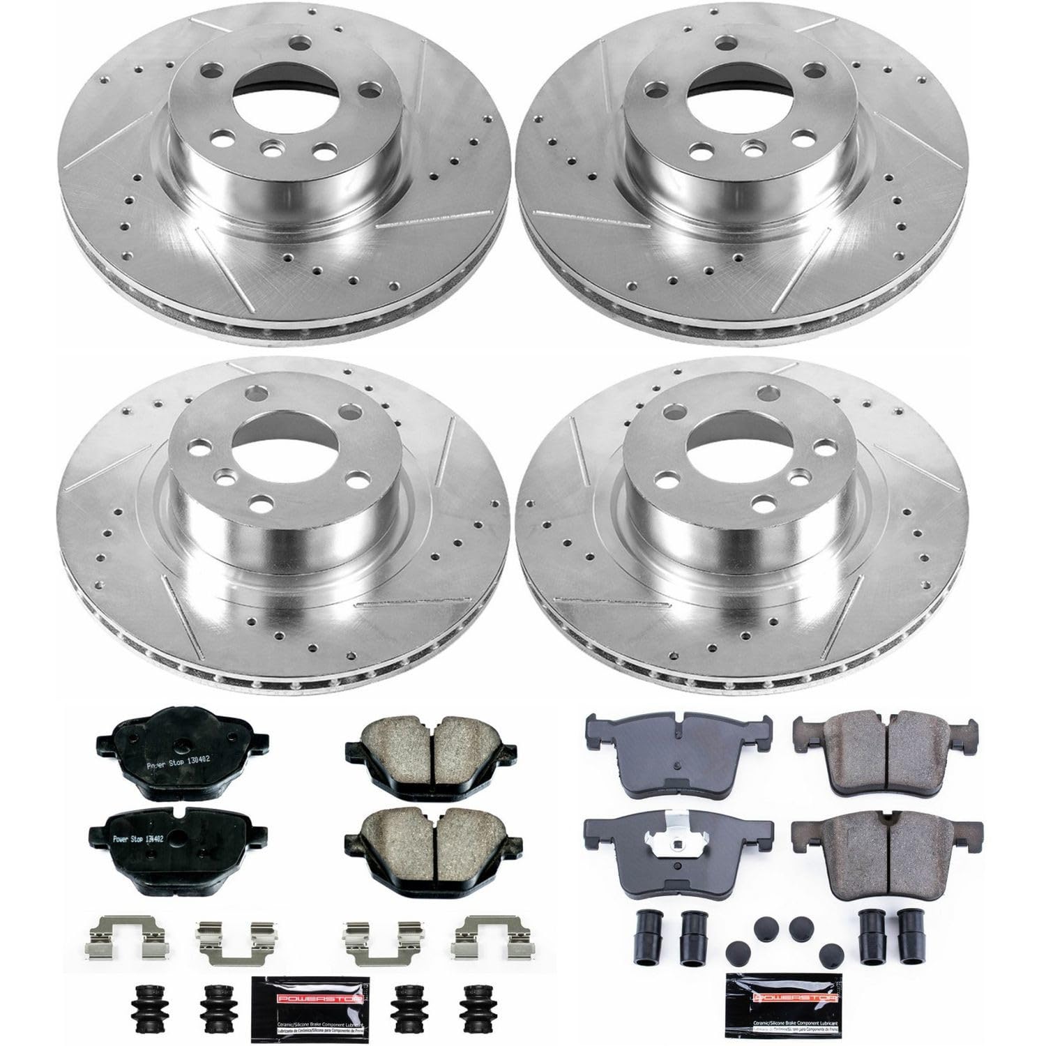 Power Stop K6039 Z23 Carbon Fiber Brake Pads Front and Rear with Drilled and Slotted Brake Rotors Kit and 1 Front & 1 Rear Sensor Wires For 2011 2012 2013 2014 2015 BMW X3 | 2015 BMW X4
