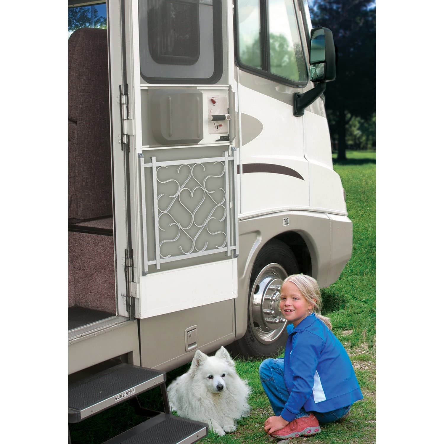 Camco RV Screen Door Grille Deluxe Aluminum | Adds a Sturdy Feel to The Door RV | Adjusts from 20-inches to 32-inches Wide | (43991)