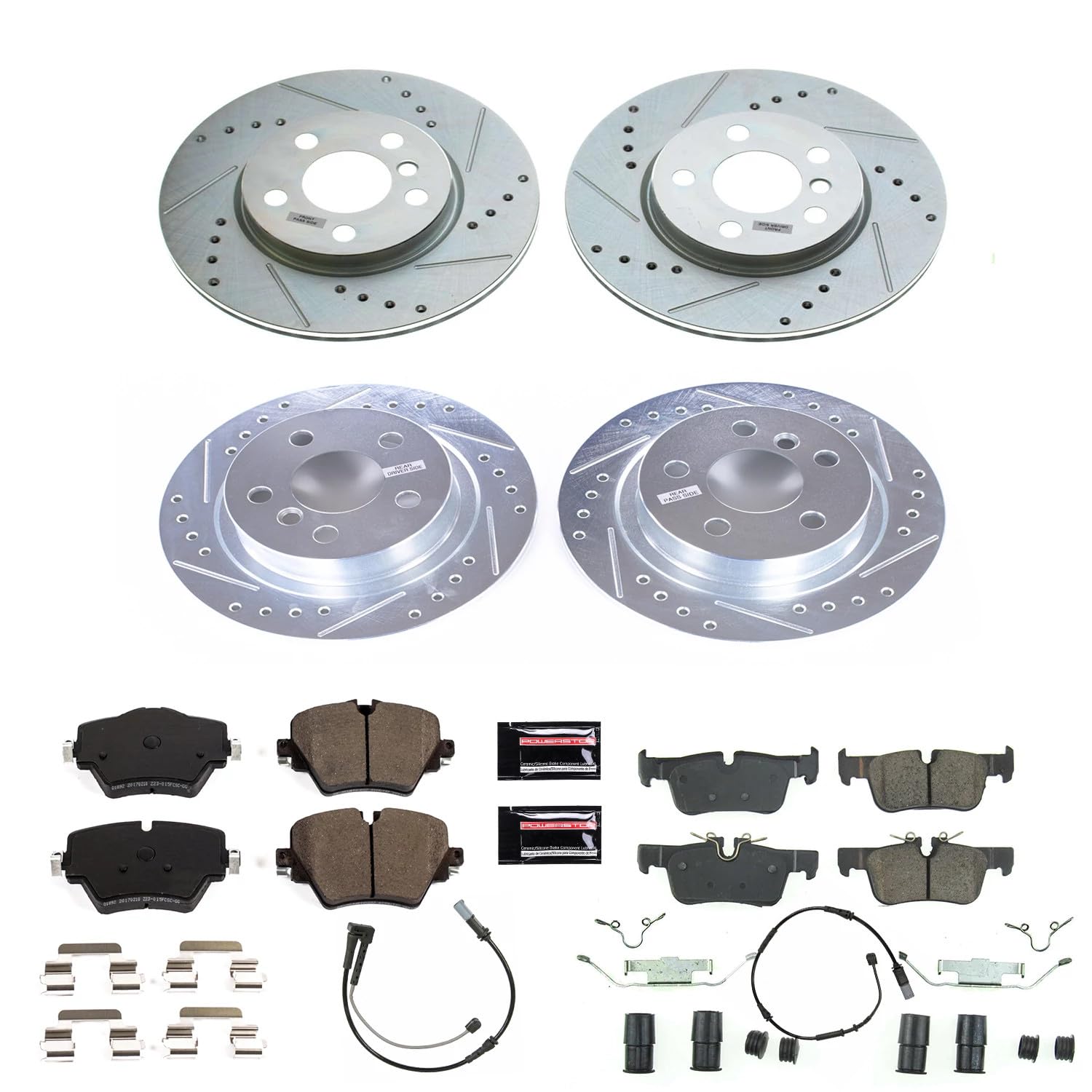 Power Stop K8355 Z23 Carbon Fiber Brake Pads Front and Rear with Drilled & Slotted Brake Rotors Kit For Mini Cooper Clubman 2019 [Model Specific]