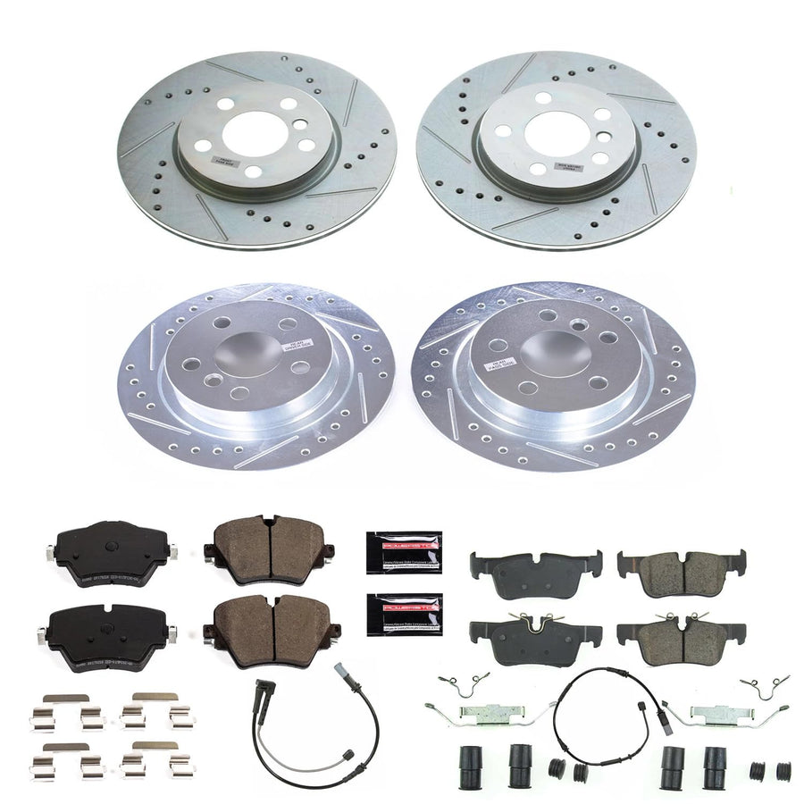 Power Stop K8355 Z23 Carbon Fiber Brake Pads Front and Rear with Drilled & Slotted Brake Rotors Kit For Mini Cooper Clubman 2019 [Model Specific]
