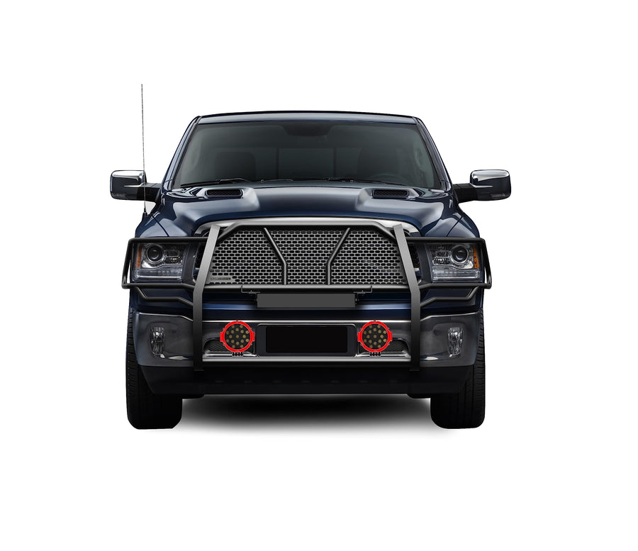 RUGGED Black Horse Heavy Duty Grille Brush Bumper Guard Modular Black Come With pair of 7.0"LED Lights with Red Trim Rings Compatible with 2019-2024 Ram 1500 Classic|2009-2018 Ram 1500-RU-DORA09-B-PLR
