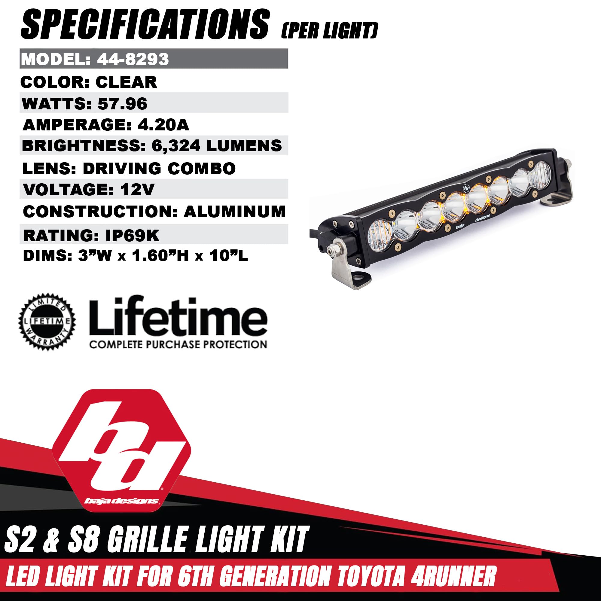 Baja Designs LED Light Kit Grille for 2025+ Toyota 4Runner TRD Pro/Trailhunter - S8 10-Inch LED Light Bar & S2 Pro Pods (3 PCS) - Street Legal, OEM Switch Compatible (Multi Pattern; Clear)