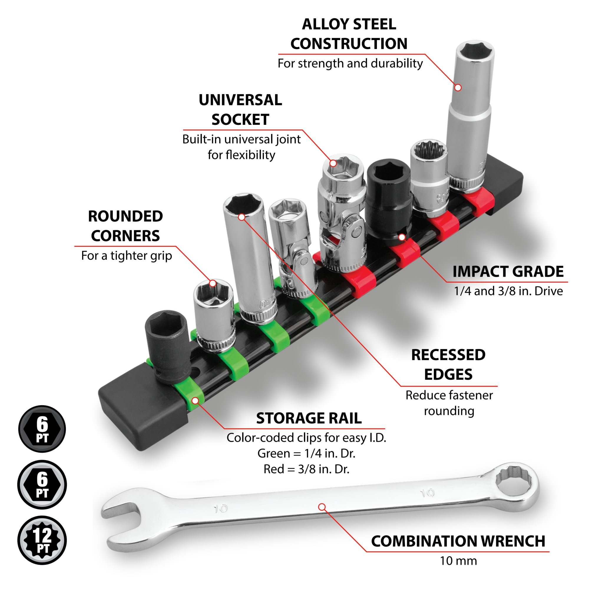10mm Performance Tool W39001 Socket & Wrench Set - Impact, U-Joint, Deep and Shallow Well, Combination Wrench, Chrome Vanadium Alloy Steel