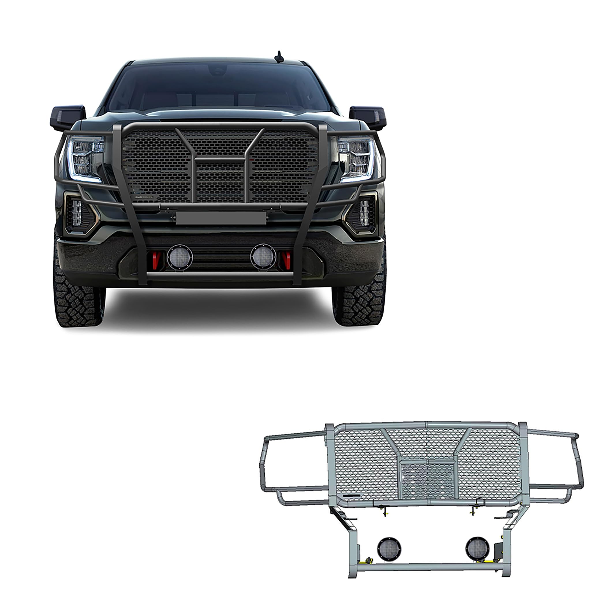 Heavy Duty Black Horse Rugged Grille Brush Bumper Guard Modular Black Come with Pair of 5.3" Dia.LED Lights with Black Trim Rings Compatible with 2019-2021 GMC Sierra 1500-RU-GMSI19-B-PLFB