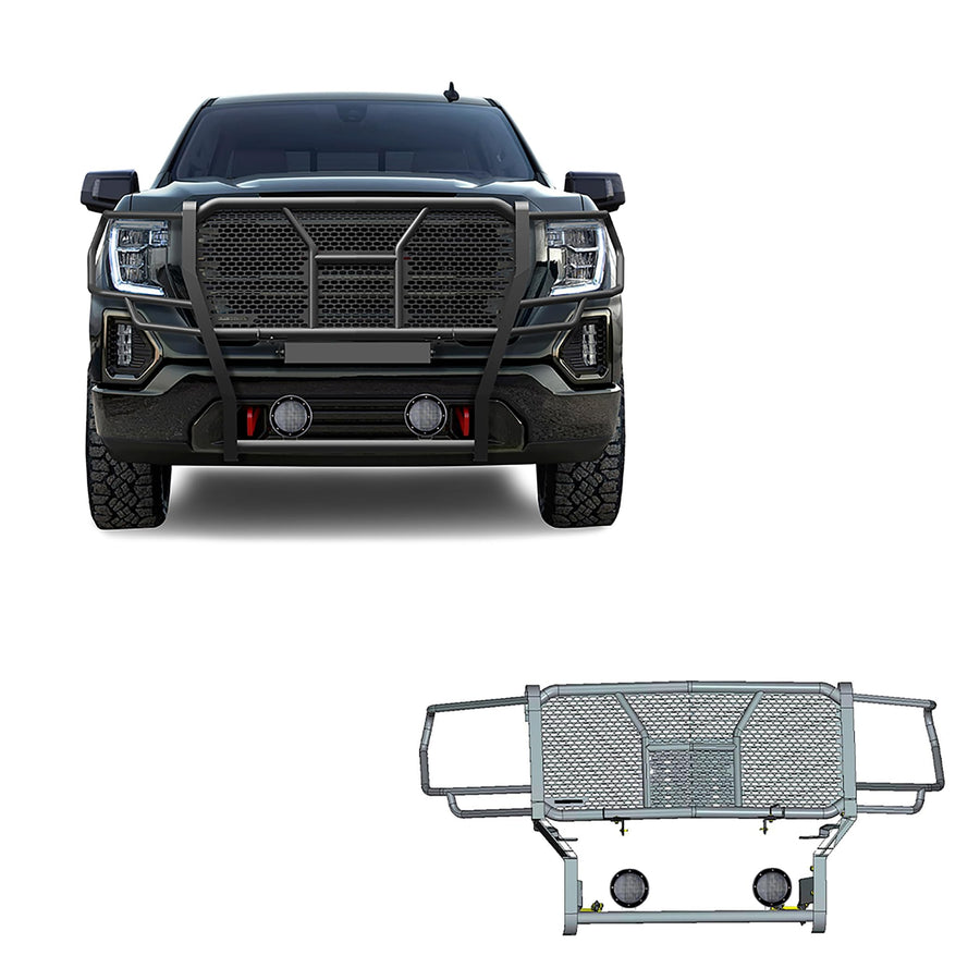 Heavy Duty Black Horse Rugged Grille Brush Bumper Guard Modular Black Come with Pair of 5.3" Dia.LED Lights with Black Trim Rings Compatible with 2019-2021 GMC Sierra 1500-RU-GMSI19-B-PLFB