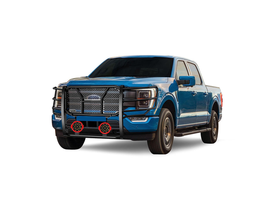 Heavy Duty Black Horse Rugged Grille Brush Bumper Guard Modular Black Come with Pair of 7.0" Dia.LED Lights with Red Trim Rings Compatible with 2021-2024 Ford F-150-RU-FOF116-B-PLR