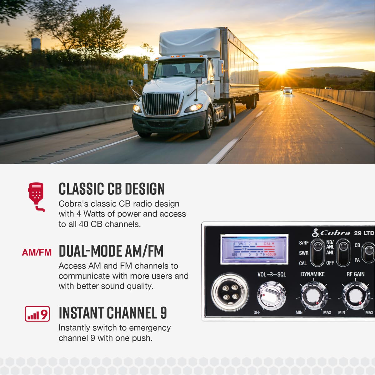 Cobra 29 Chrome AM/FM Professional LTD CB Radio - Easy to Operate, Emergency Radio, Instant Channel 9, 4-Watt Output, Full 40 Channels, Adjustable Receiver and SWR Calibration