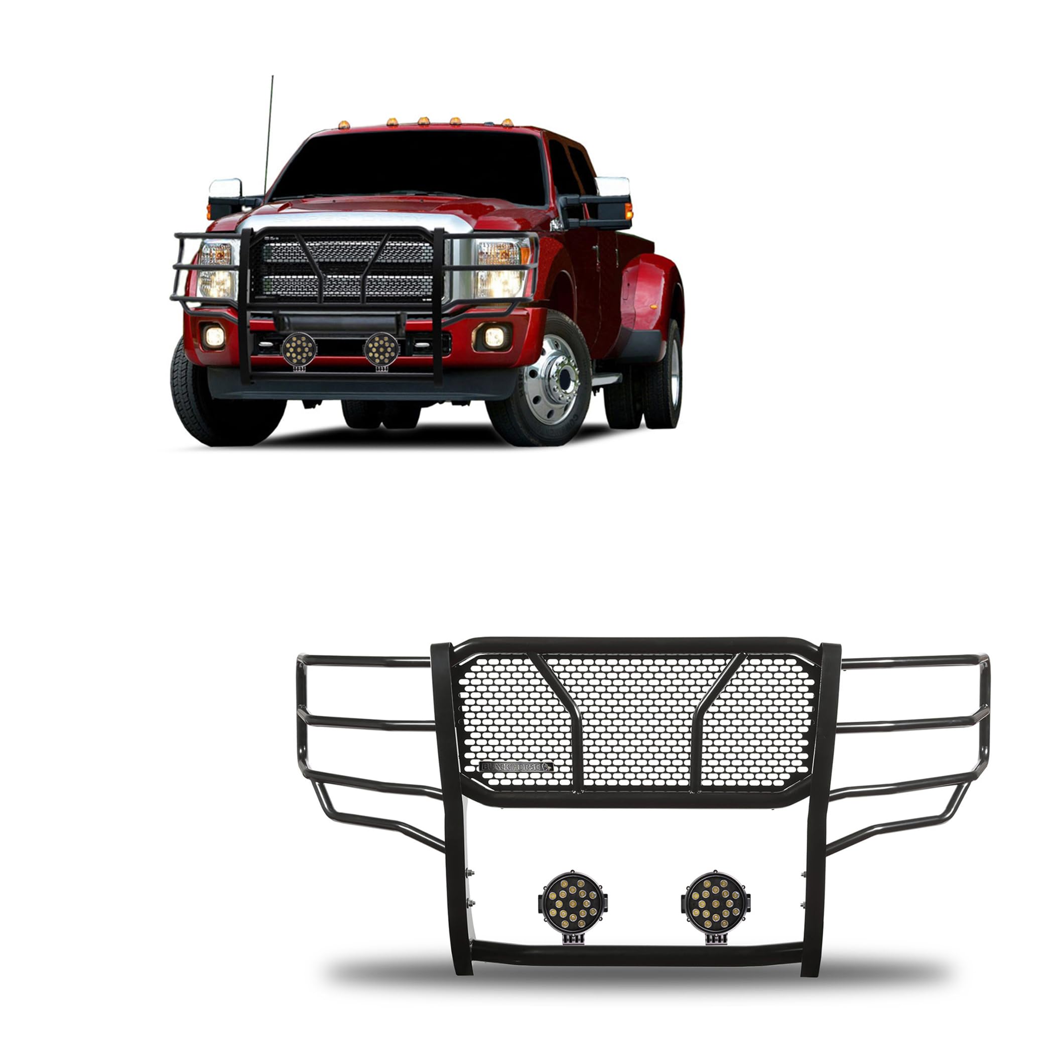 Heavy Duty Black Horse RUGGED Grille Brush Bumper Guard Modular Come With pair of 7.0"LED Lights Compatible with 2011-2016 Ford F-250/Ford F-350/Ford F-450/Ford F-550 Super Duty-RU-FOF211-B-PLB