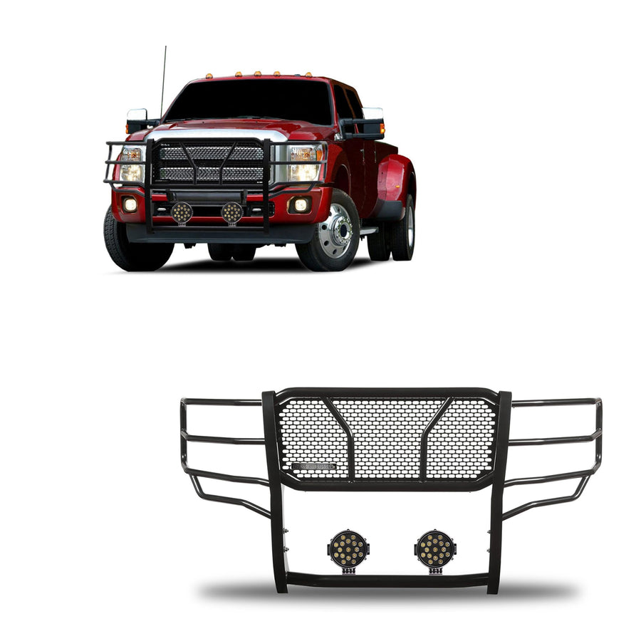 Heavy Duty Black Horse RUGGED Grille Brush Bumper Guard Modular Come With pair of 7.0"LED Lights Compatible with 2011-2016 Ford F-250/Ford F-350/Ford F-450/Ford F-550 Super Duty-RU-FOF211-B-PLB