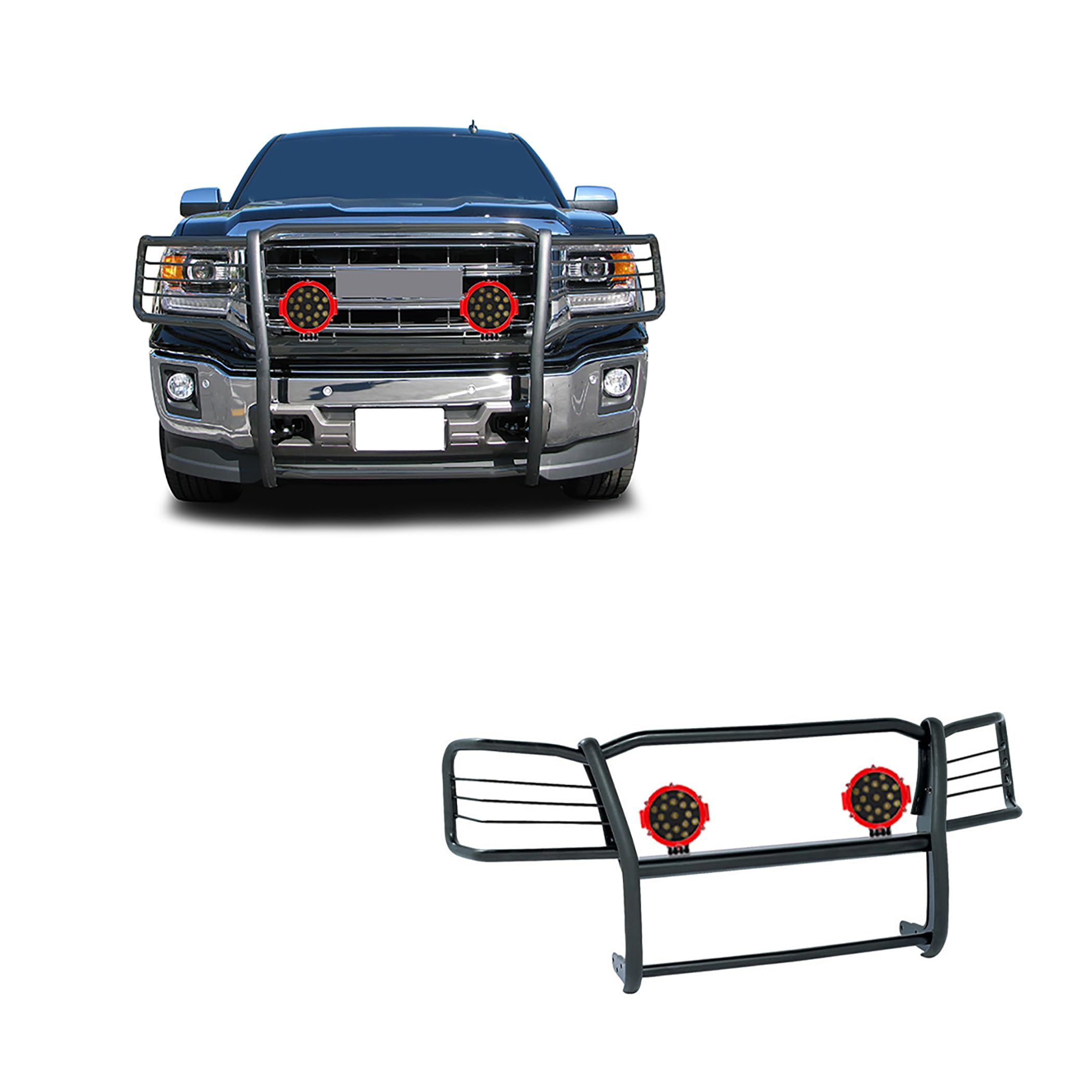 Bumper Guard Black Horse Grille brush Modular Come With pair of 7.0"Dia.LED Lights with Red Trim Rings Compatible with 2019-2022 GMC Sierra 1500 Limited|2014-2018 GMC Sierra 1500-17GS12MA-PLR