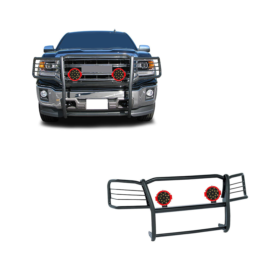 Bumper Guard Black Horse Grille brush Modular Come With pair of 7.0"Dia.LED Lights with Red Trim Rings Compatible with 2019-2022 GMC Sierra 1500 Limited|2014-2018 GMC Sierra 1500-17GS12MA-PLR