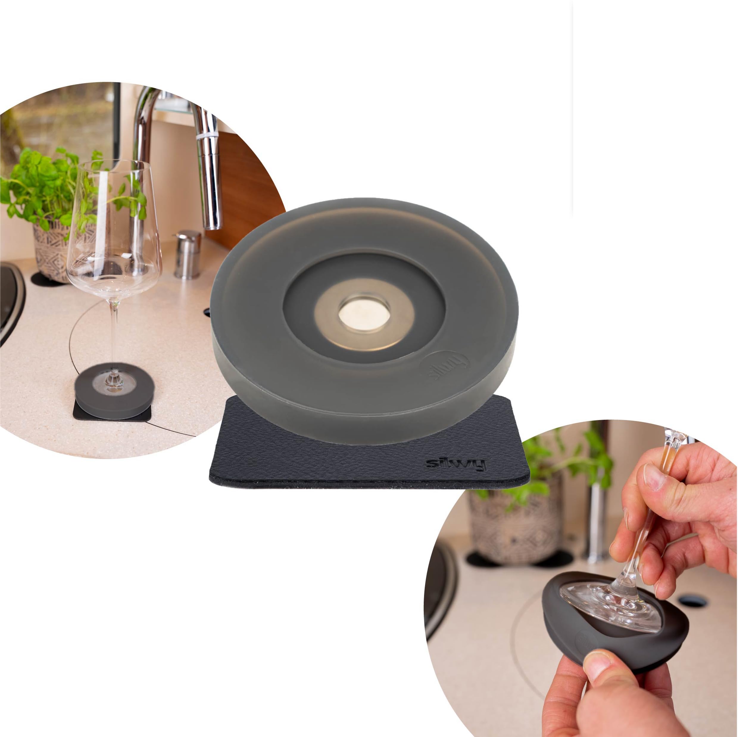 Magnet-Adapter silwy® für bestehende Stielgläser INKL. Metall-Nano-Gel-Pad - für Weingläser, Sektgläser, Pilstulpen - Magnetsystem Zum Nachrüsten, Set aus 1x Magnet-Kondom & 1x Nano-Gel-Pad (Schwarz)