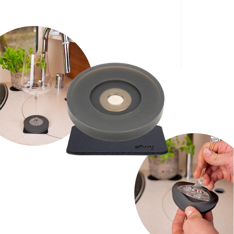 Magnet-Adapter silwy® für bestehende Stielgläser INKL. Metall-Nano-Gel-Pad - für Weingläser, Sektgläser, Pilstulpen - Magnetsystem Zum Nachrüsten, Set aus 1x Magnet-Kondom & 1x Nano-Gel-Pad (Schwarz)