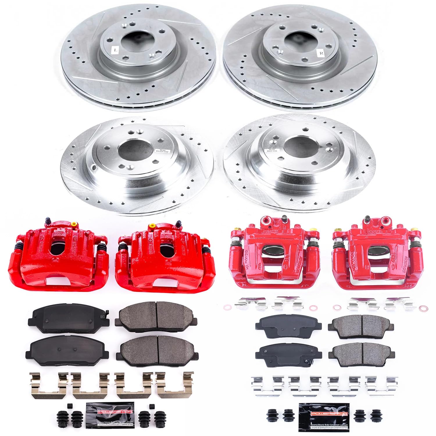 Power Stop Z23 KC5923, Front and Rear Brake Caliper Kit-Drilled/Slotted Brake Rotor, Brake Pads & Calipers For Hyundai Genesis 2010-2011 [Model Specific]