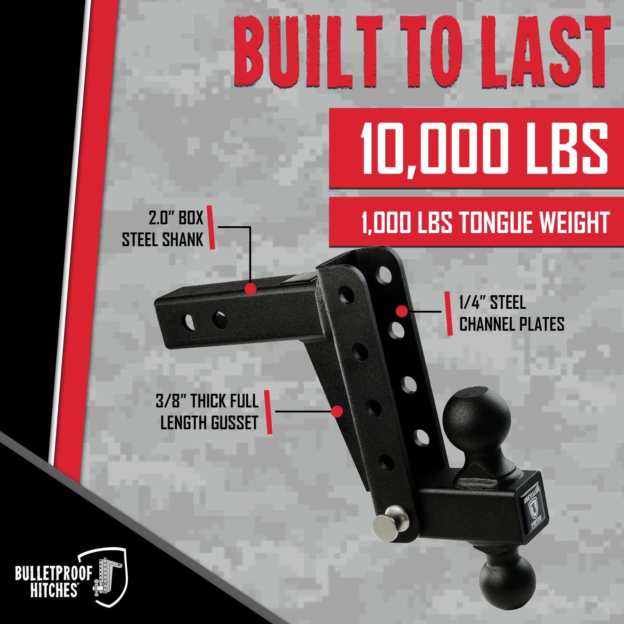 2.0" BulletProof Hitches Adjustable Light Duty Trailer Hitch (10,000 lb. Rating) - 6" Drop/Rise Trailer Hitch with 2" & 2-5/16" Dual Ball - Powder Coat, Box Steel, Corrosion-Resistant