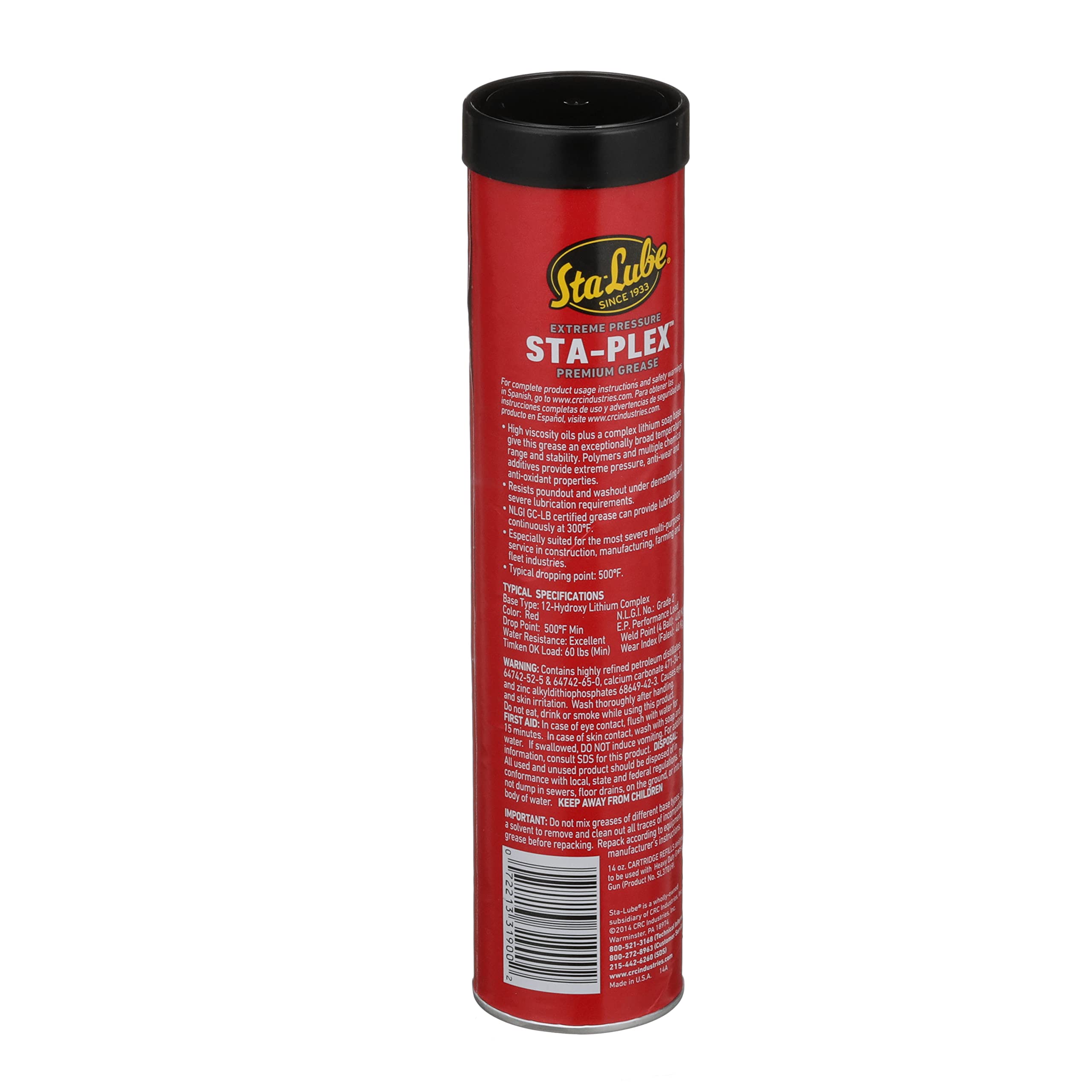 Sta-Lube Extreme Pressure Sta-Plex Premium Red Grease SL3190 – 14 Oz., Multi-Purpose Lithium Complex Grease