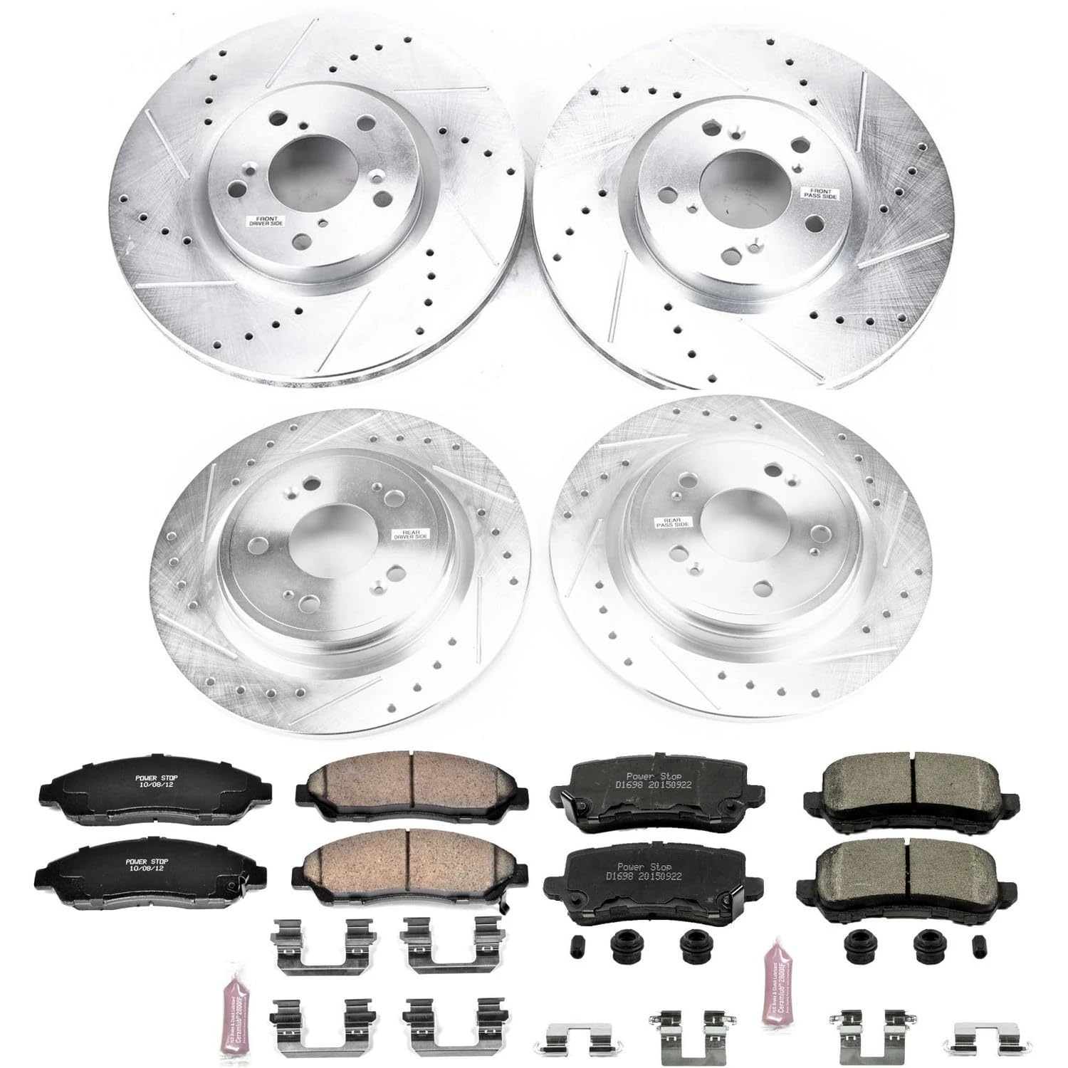 Power Stop K7282 Z23 Carbon Fiber Brake Pads Front and Rear with Drilled & Slotted Brake Rotors Kit For Acura RLX 2014-2020 [Model Specific]