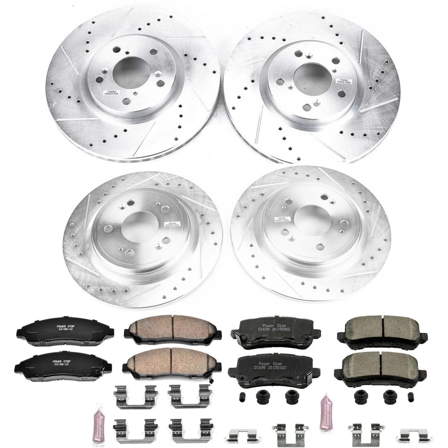 Power Stop K7282 Z23 Carbon Fiber Brake Pads Front and Rear with Drilled & Slotted Brake Rotors Kit For Acura RLX 2014-2020 [Model Specific]