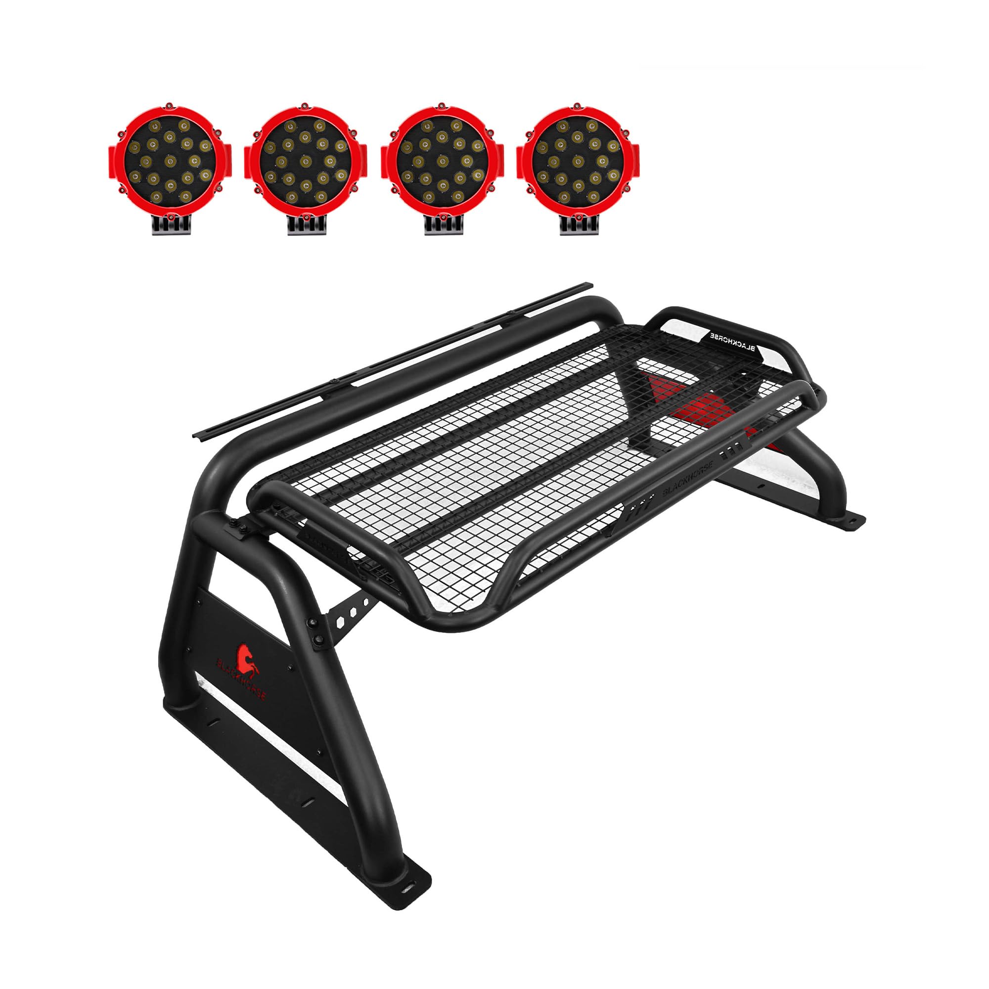 Atlas Roll Bar Black Incl. Pair of 7.0" Dia. LED Lights w/Red Trim Rings Compatible with 2005-2021 Nissan Frontier-ATRB-NIFRB-PLR