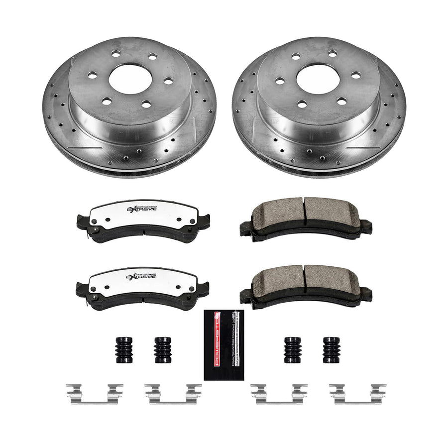 Rear Brake Kit Power Stop For 2003 2004 2005 Chevrolet Express 2500 2003 2004 2005 GMC Savana 2500 - Truck & Tow Carbon Fiber Ceramic Brake Pads & Drilled and Slotted Rotors Replacement, K2065-36