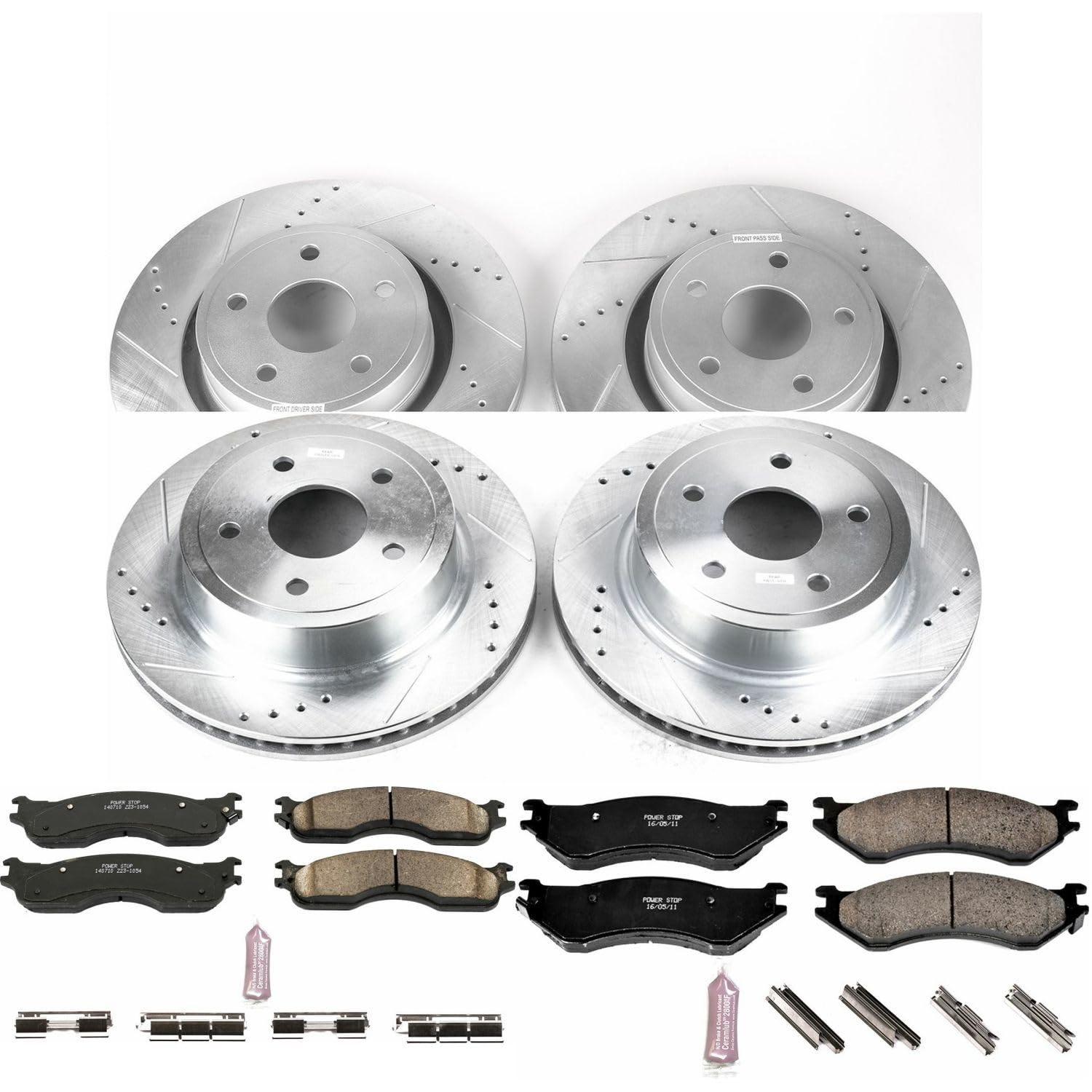 Power Stop K4385 Z23 Carbon Fiber Brake Pads Front and Rear with Drilled & Slotted Brake Rotors Kit For Dodge Ram 1500 2004 [Model Specific]