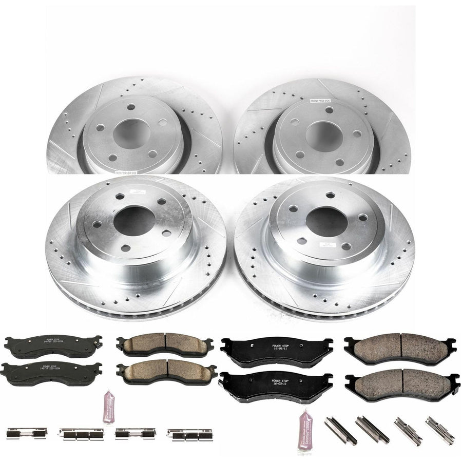 Power Stop K4385 Z23 Carbon Fiber Brake Pads Front and Rear with Drilled & Slotted Brake Rotors Kit For Dodge Ram 1500 2004 [Model Specific]