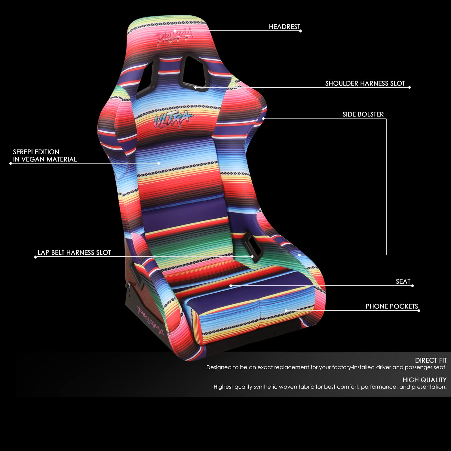 NRG Innovations Prisma NRG-FRP-302-MEXICALI Fixed Back Bucket Racing Seat wBottom Mount, Serape Design/Fresh Red Glitter Back