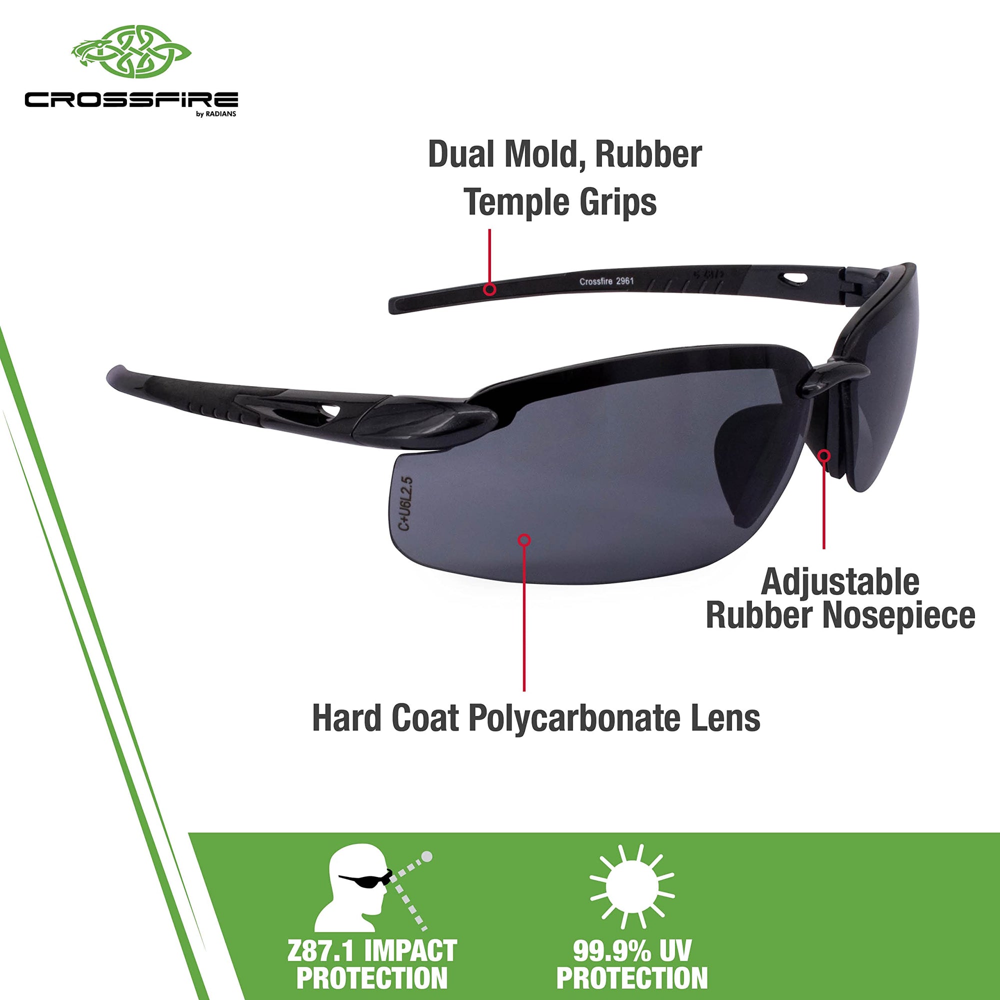 Safety Glasses Crossfire 2961, Smoke Lens/Pearl Black Frame, One Size