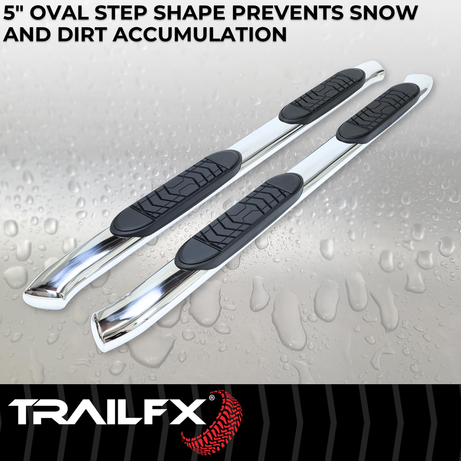 Trail FX Nerf Bar Polished Stainless Steel Fits Ram 1500 Crew Cab 2019-2025 with Welded End Caps Step Pads Rocker Panel Mount Pair of 5 Inch Oval Bent Running Boards