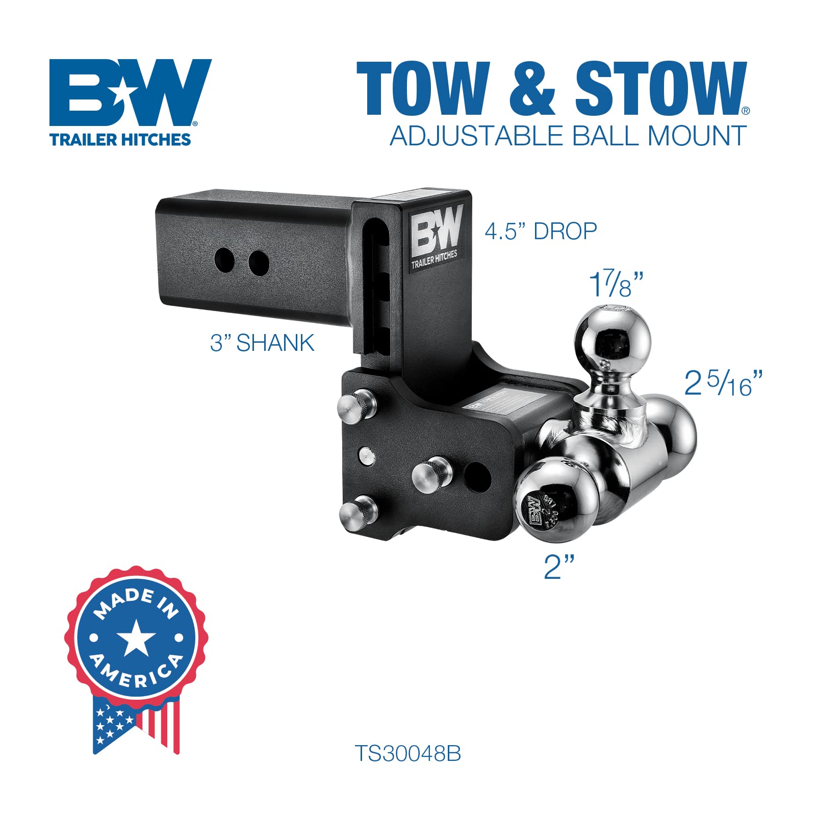 B&W Trailer Hitches Adjustable Tow & Stow Trailer Hitch Ball Mount - Fits 3" Receiver, Tri-Ball (1-7/8" x 2" x 2-5/16"), 4.5" Drop, 21,000 GTW - TS30048B
